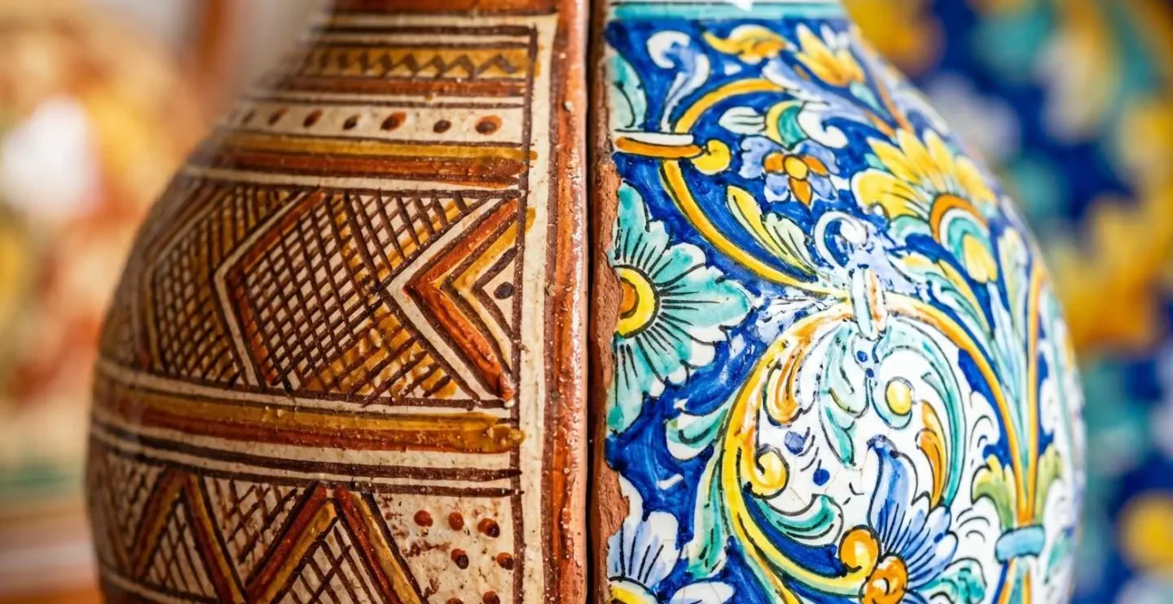 Dettaglio macro di decorazioni ceramiche italiane con motivi floreali tradizionali dipinti a mano