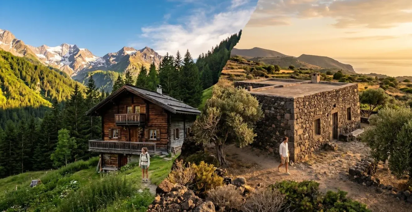 Vista panoramica che mostra uno chalet alpino e un dammuso mediterraneo nei rispettivi ambienti naturali
