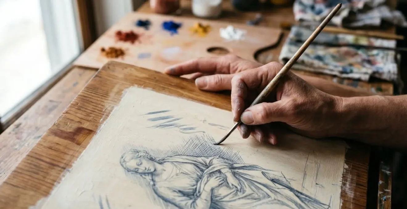 Mani di artista che dipingono su tavola con pennello sottile e pigmenti