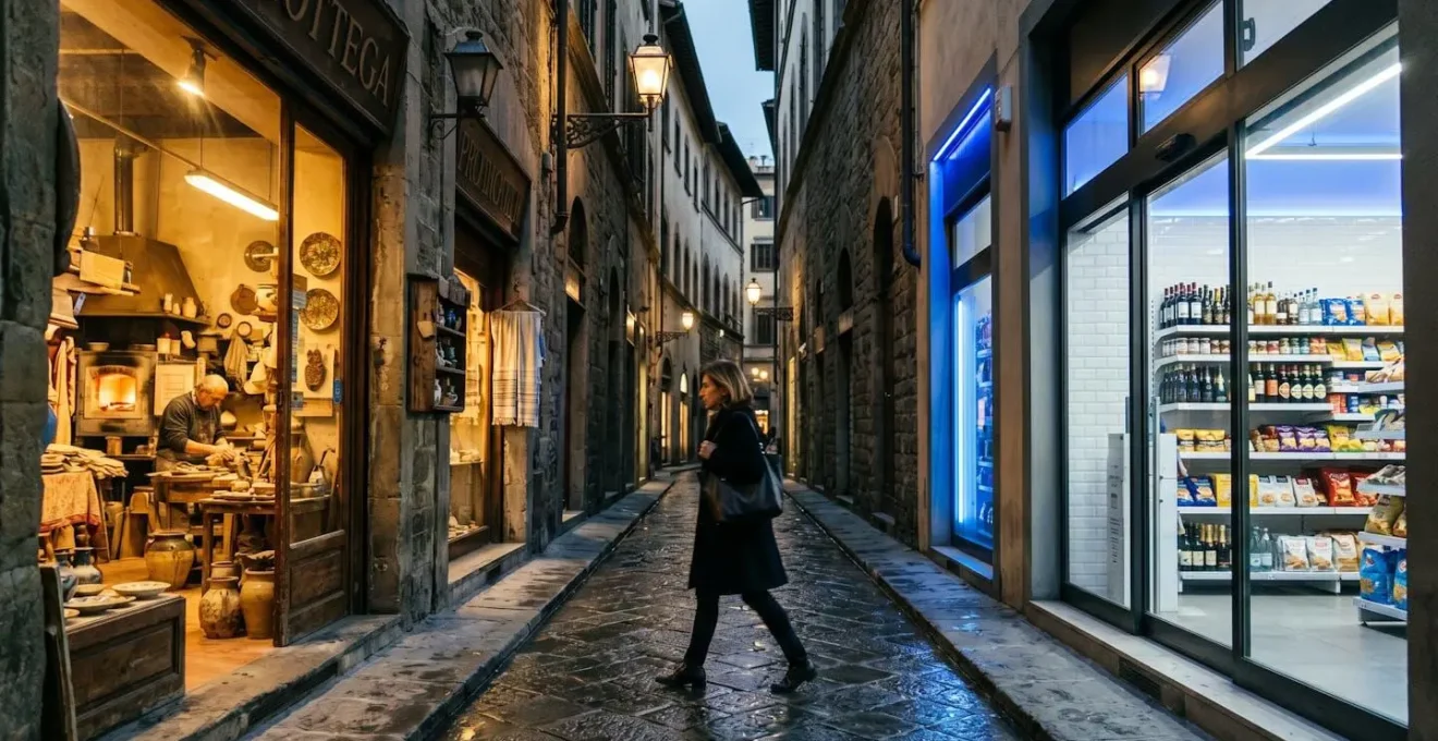 Contrasto visivo tra bottega storica e insegne di fast food in una strada italiana