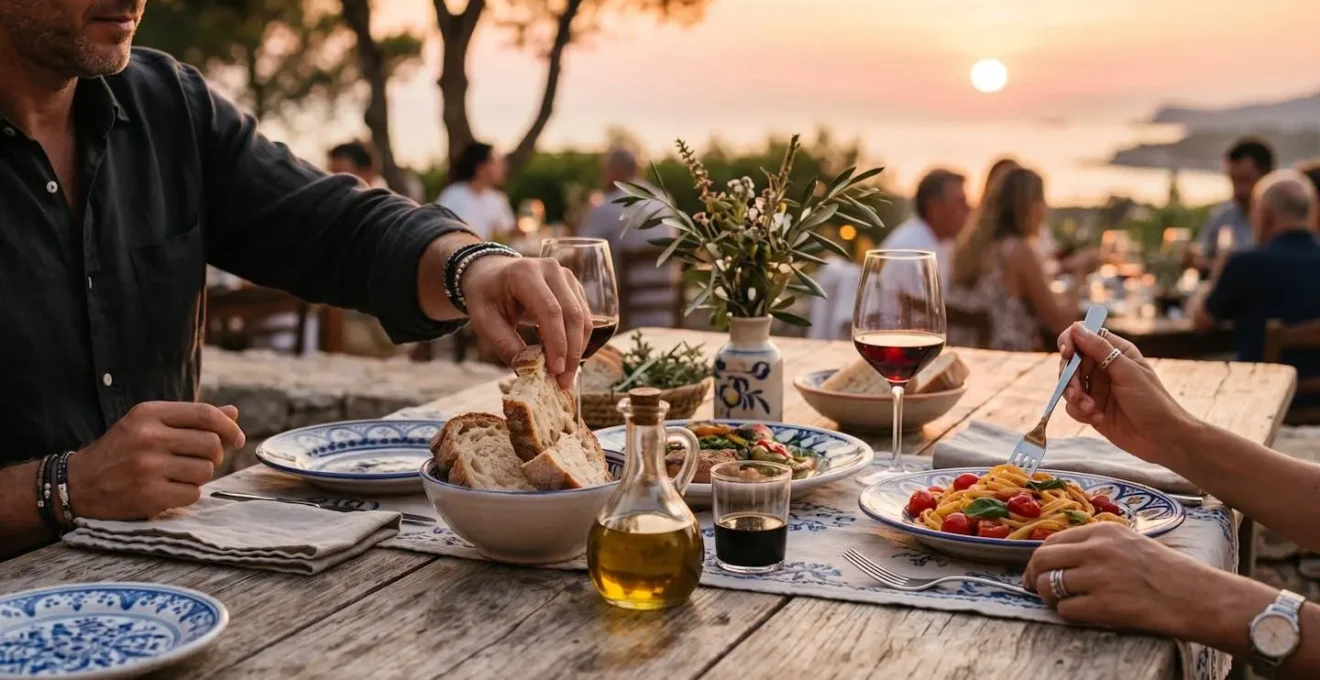 Tavola apparecchiata all'aperto con vista mare al tramonto nel Cilento