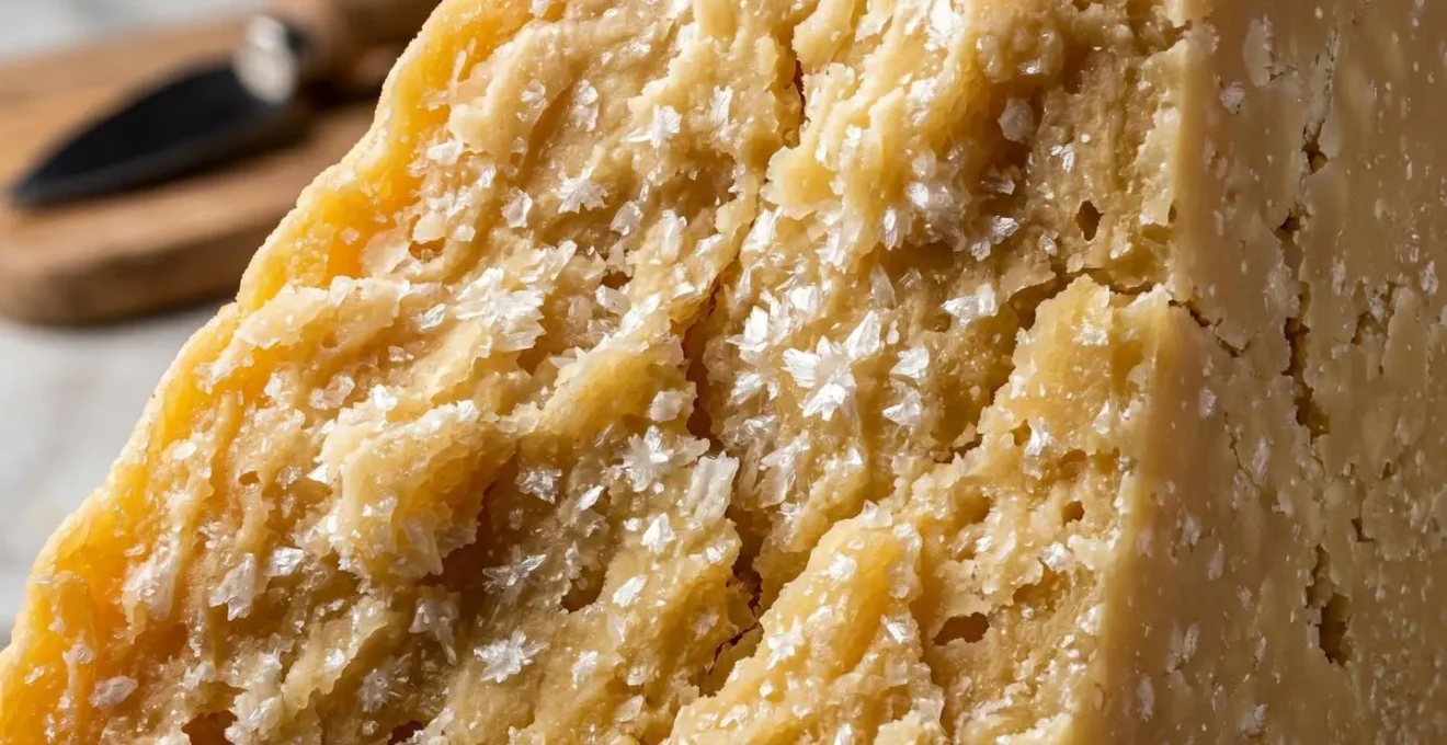 Dettaglio macro dei cristalli di tirosina nel Parmigiano Reggiano DOP stagionato
