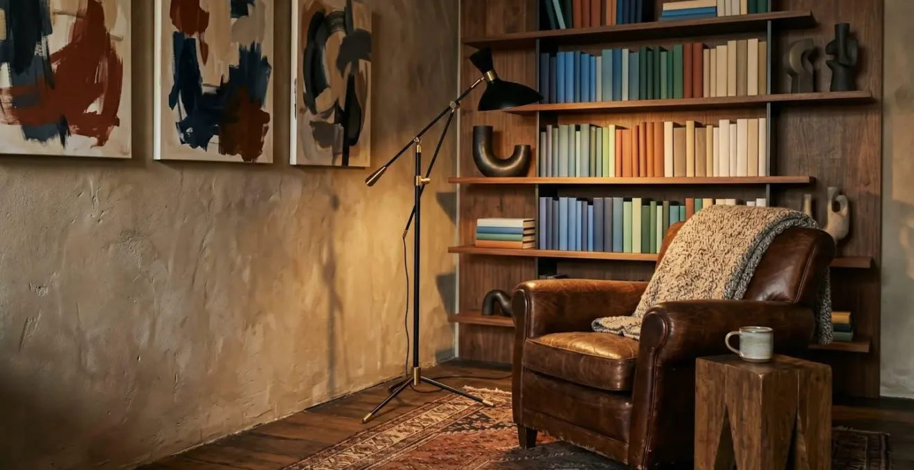 Angolo lettura creativo in boutique hotel con opere d'arte e illuminazione studiata