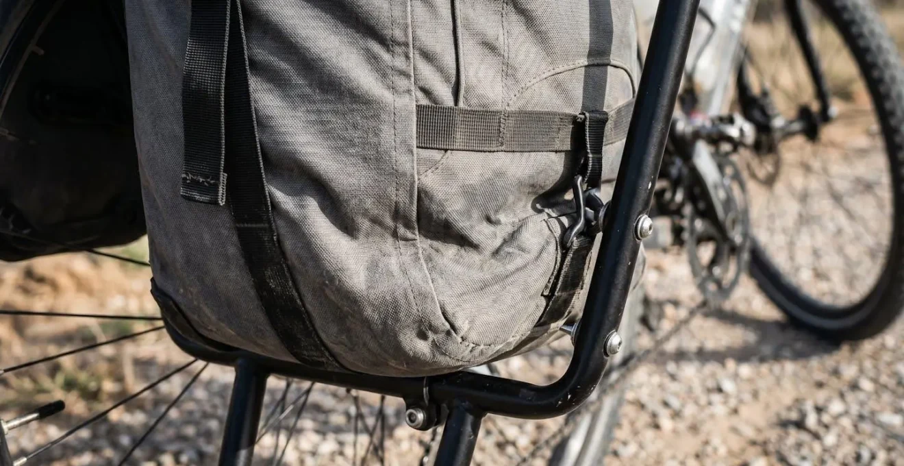 Vista laterale bicicletta con borse da cicloturismo caricate correttamente