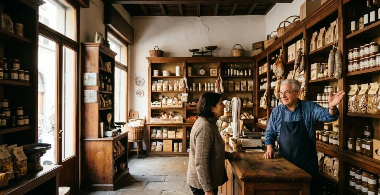 Droghiere esperto che consiglia un cliente nella sua bottega storica italiana