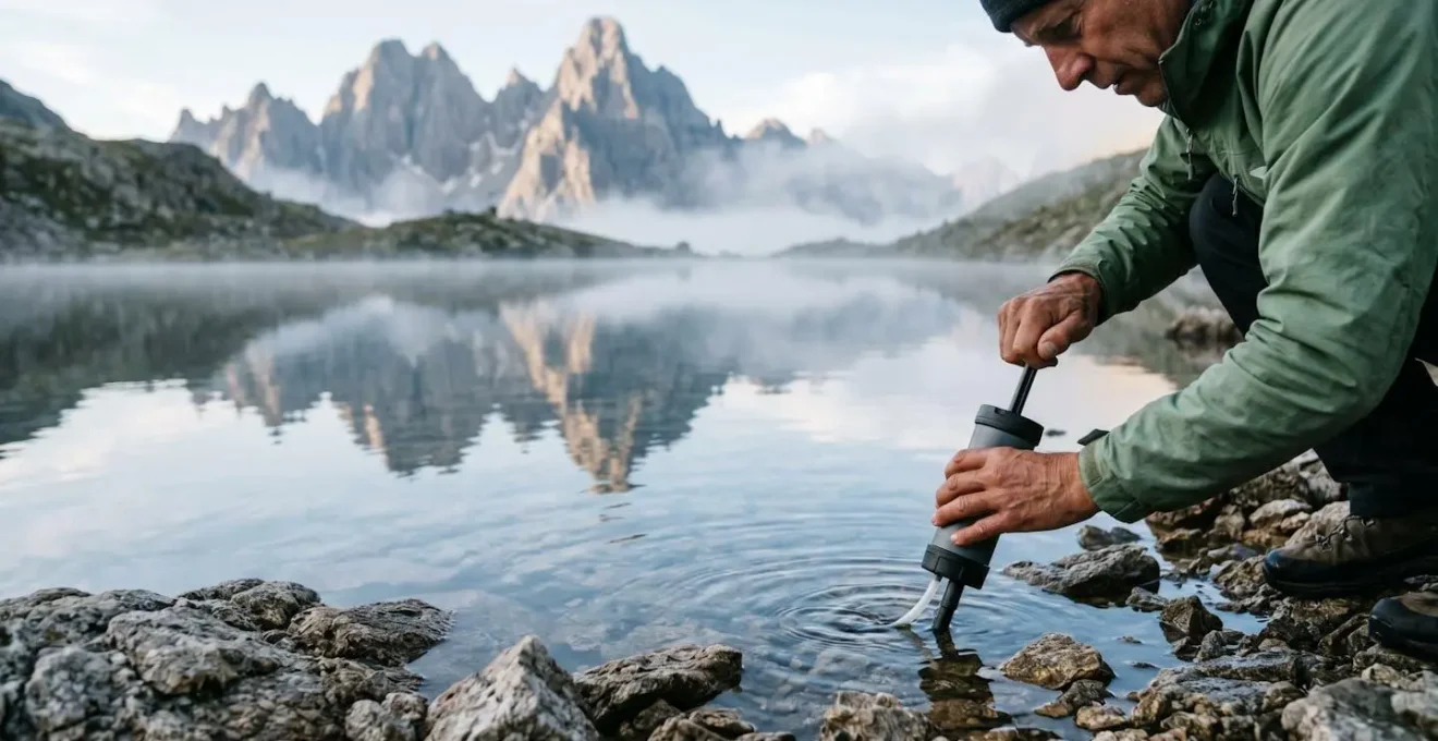 Escursionista che filtra l'acqua da un lago alpino cristallino con le Dolomiti sullo sfondo