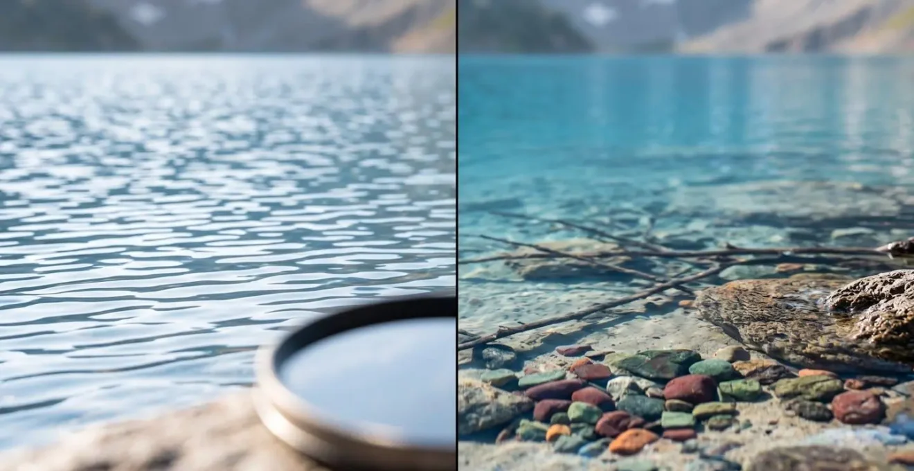 Confronto prima e dopo dell'uso del filtro polarizzatore su lago alpino