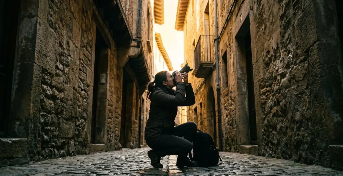 Fotografo che cattura la luce radente in un vicolo medievale stretto durante l'ora dorata