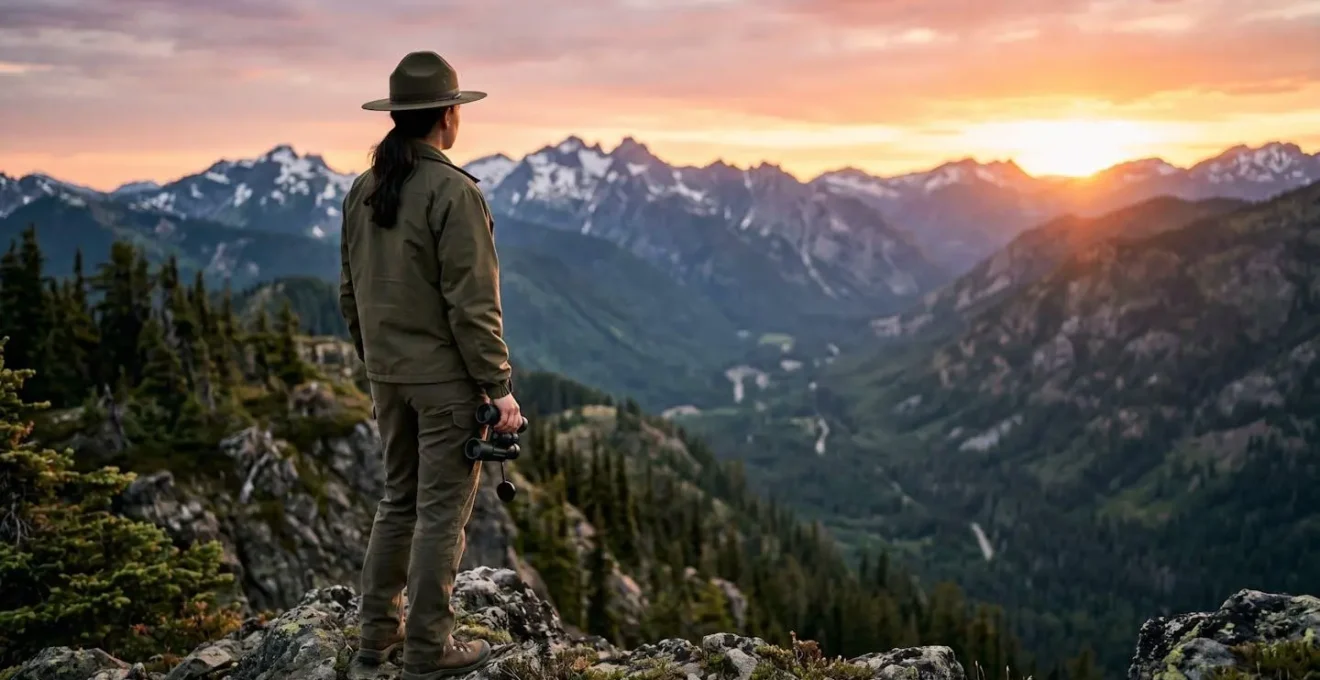 Guardiaparco che controlla un'area protetta montana al tramonto
