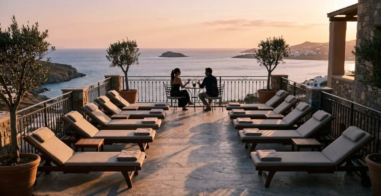 Terrazza panoramica di hotel di lusso con pochi ospiti che godono vista mare in atmosfera intima