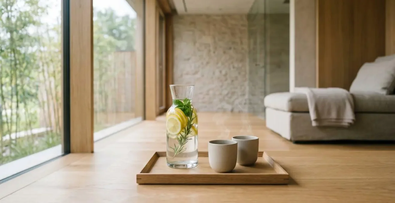 Composizione minimalista di tisane e acqua aromatizzata in ambiente spa