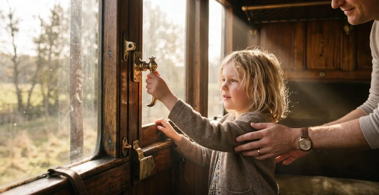 Interno di carrozze storiche in legno degli anni '20 con bambini che osservano i meccanismi del treno