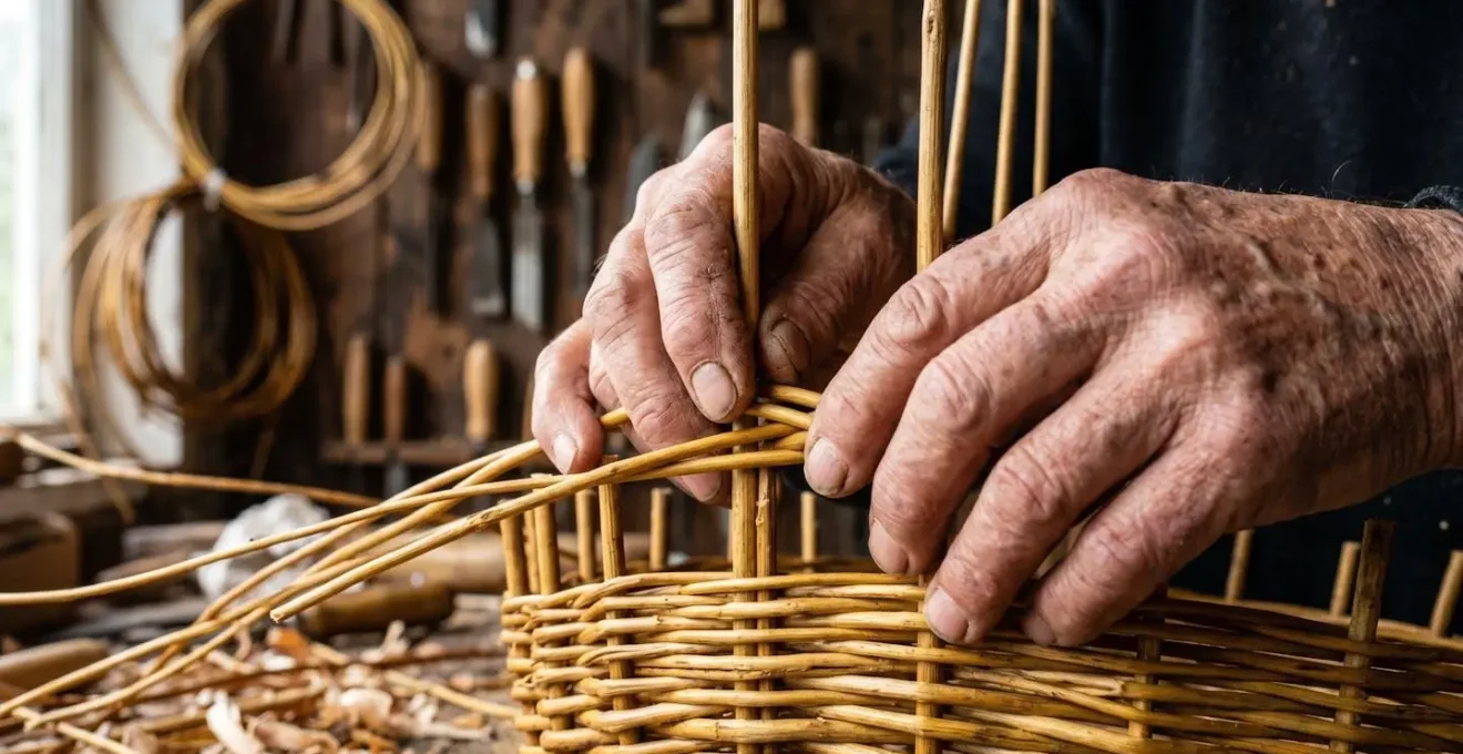 Dettaglio ravvicinato di mani anziane che intrecciano vimini in una bottega tradizionale