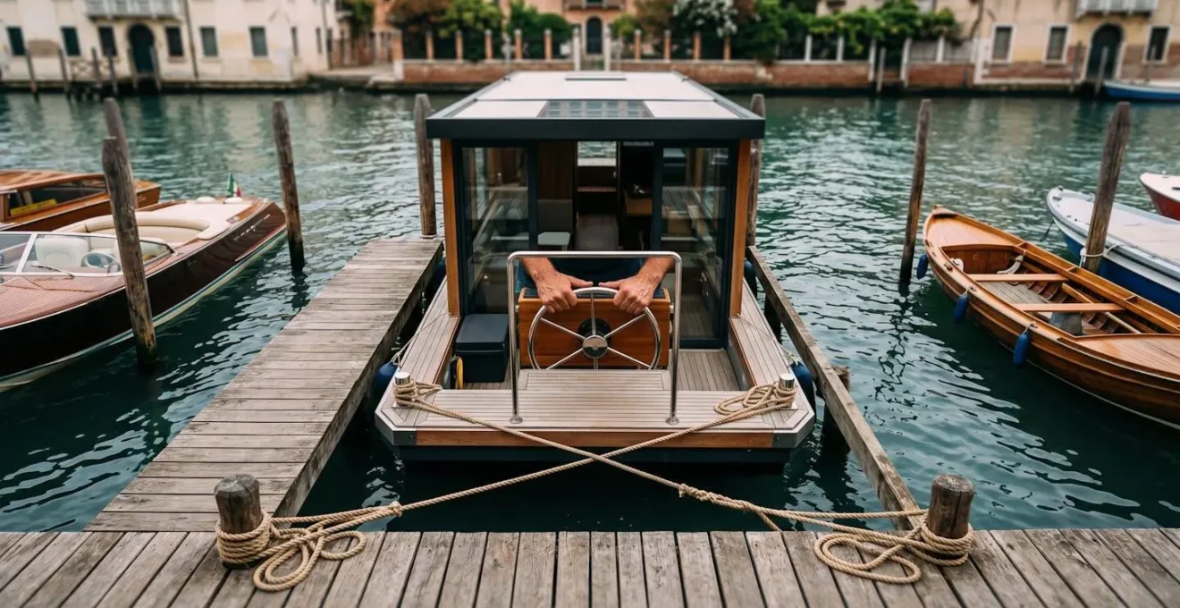 Vista dall'alto di una houseboat durante una manovra di ormeggio lungo un canale veneto