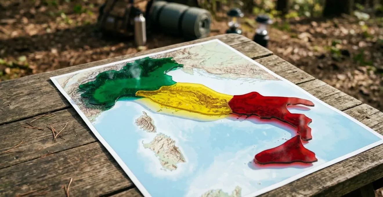 Mappa colorata dell'Italia che mostra le diverse normative regionali per il bivacco