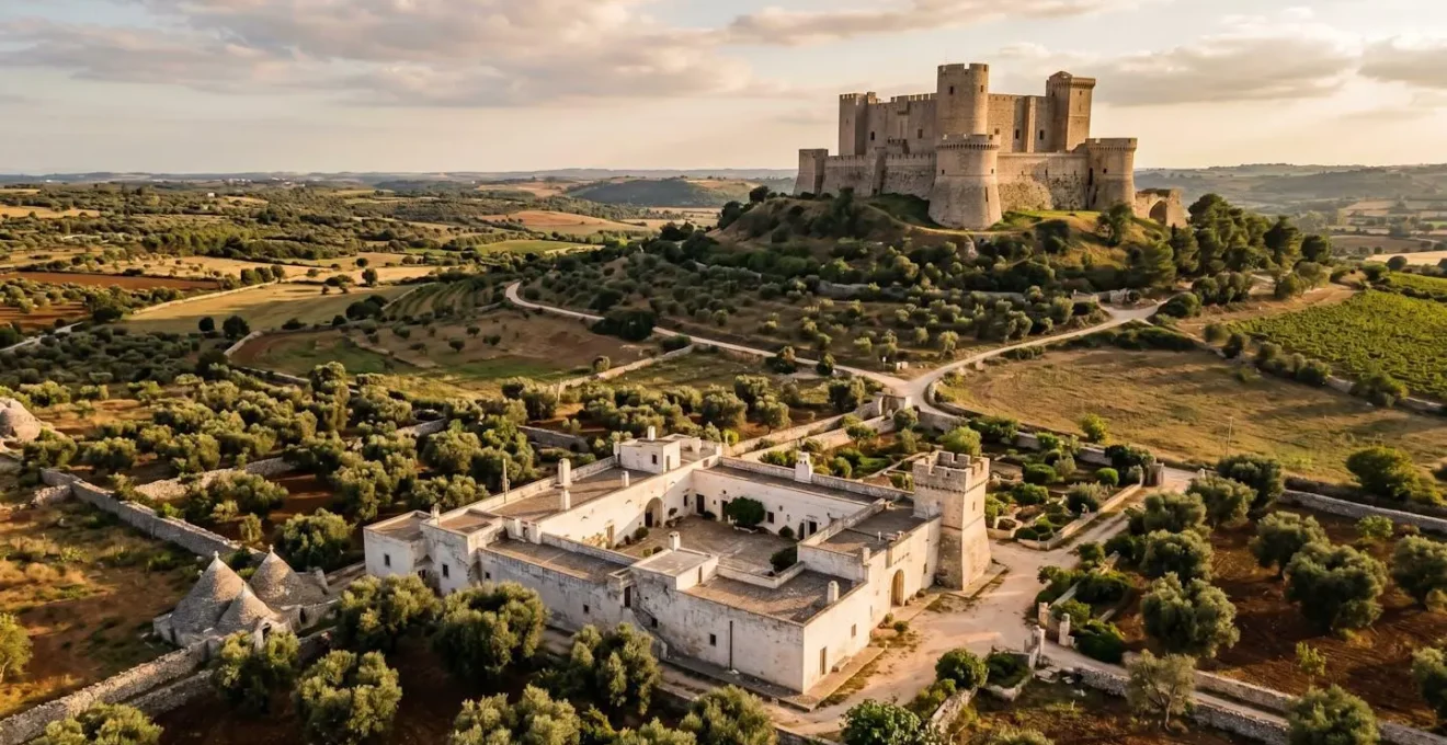 Vista aerea che mostra una masseria pugliese orizzontale tra ulivi e un castello medievale verticale su una collina