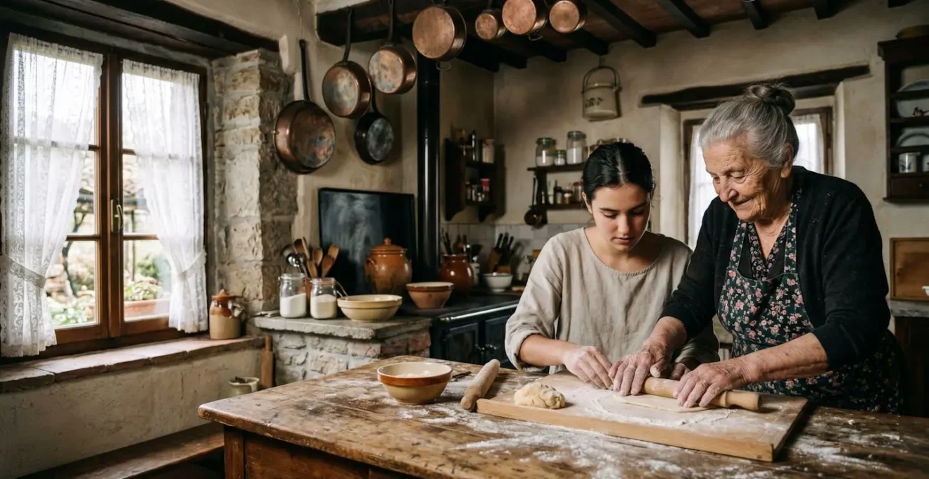 Anziana signora in cucina rustica mostra la preparazione della pasta fresca a una giovane