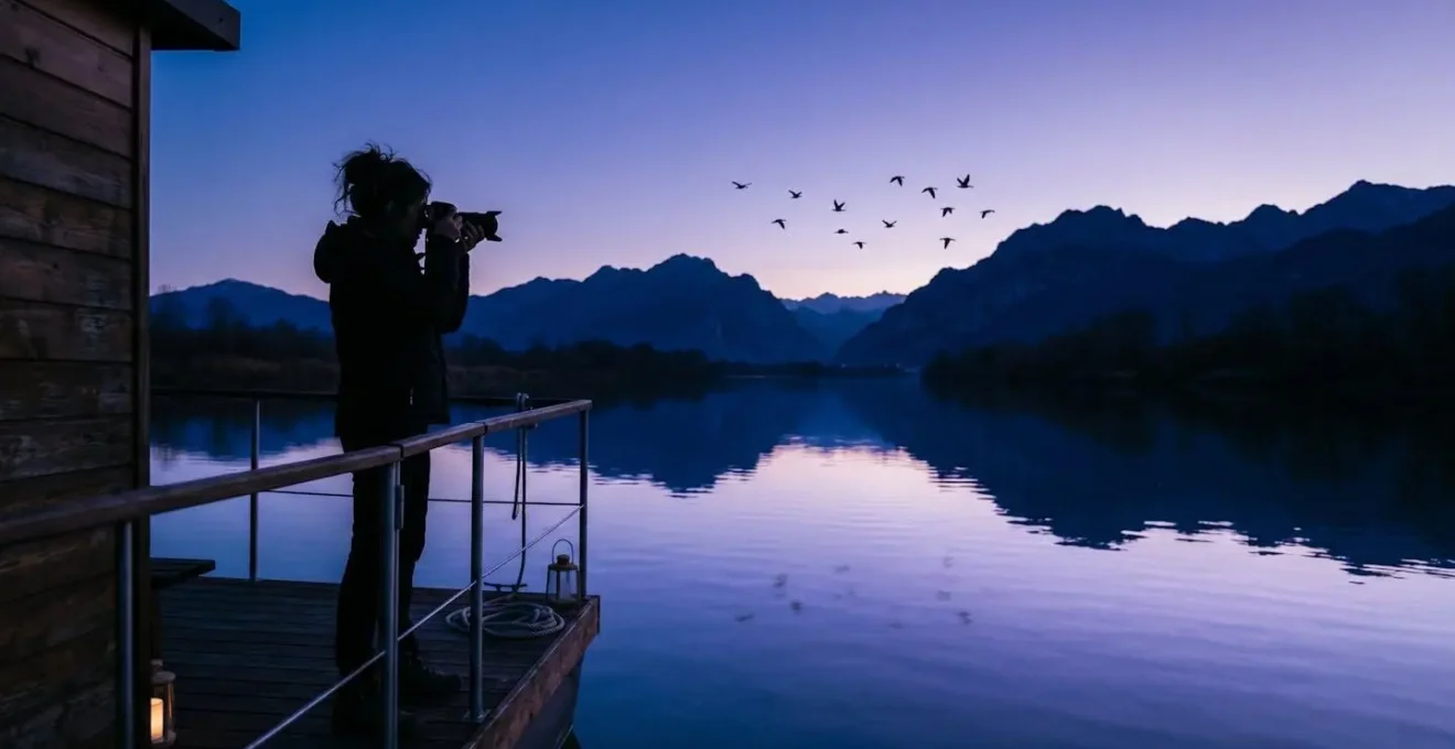 Paesaggio fluviale durante l'ora blu con riflessi profondi sull'acqua