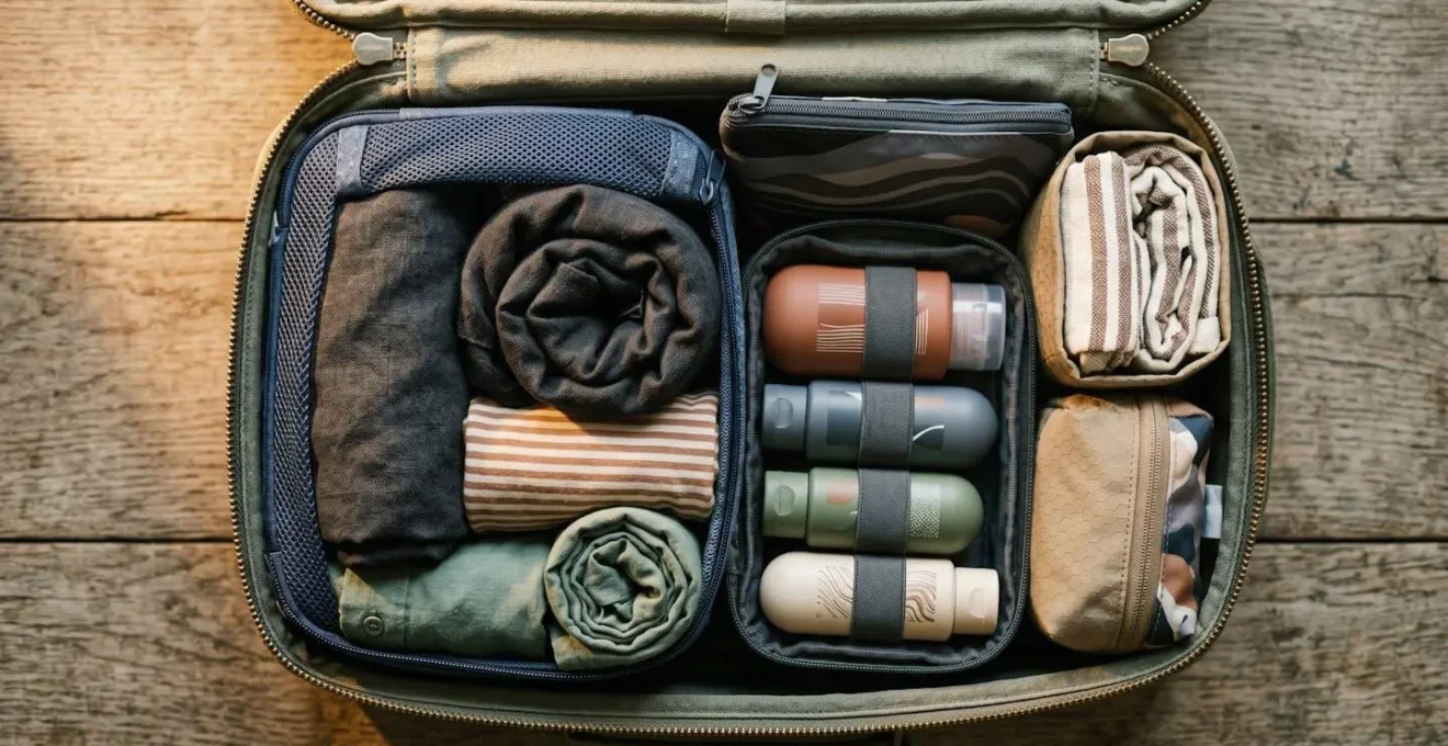 Valigia compatta aperta con organizzatori e accessori da viaggio minimalisti disposti ordinatamente