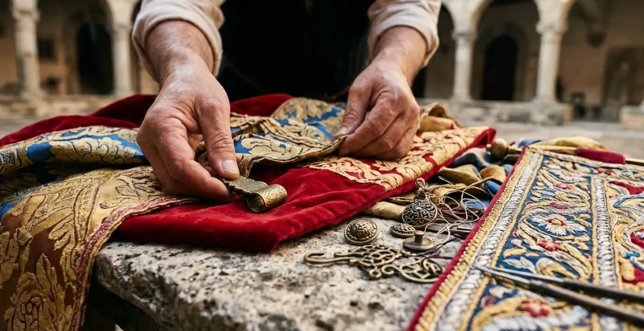 Abitanti del borgo che preparano stendardi e costumi medievali nel cortile di un palazzo storico
