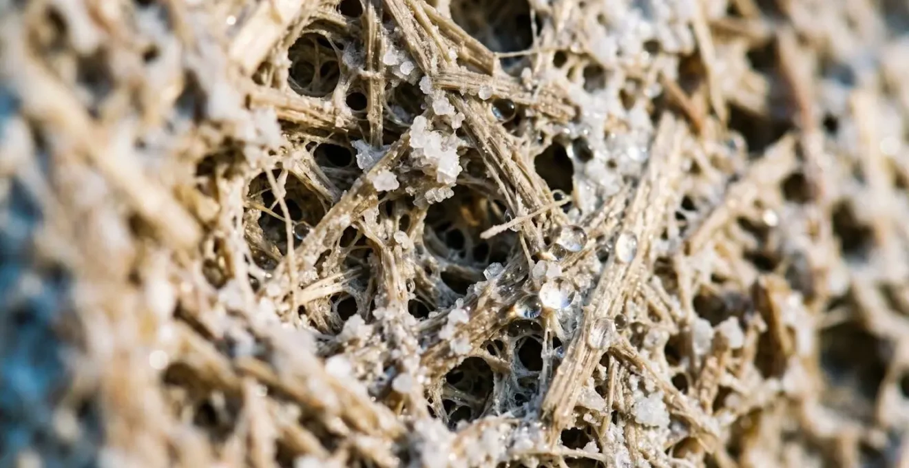 Dettaglio macro di una parete in canapa e calce che mostra la struttura porosa del materiale