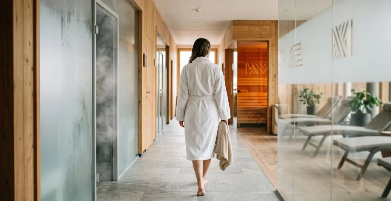 Ambiente spa con diverse tipologie di saune visibili attraverso vetrate