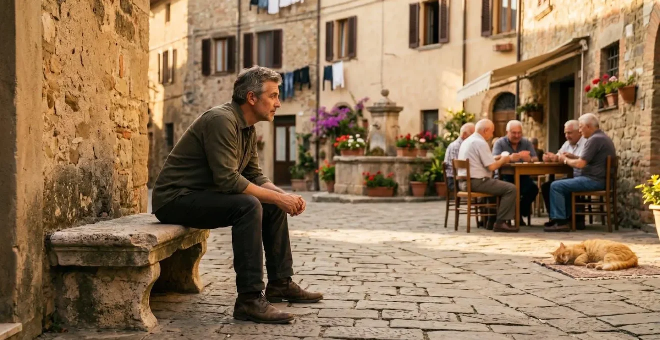 Vista di una piazza di borgo medievale con persona seduta su panchina di pietra che osserva il viavai