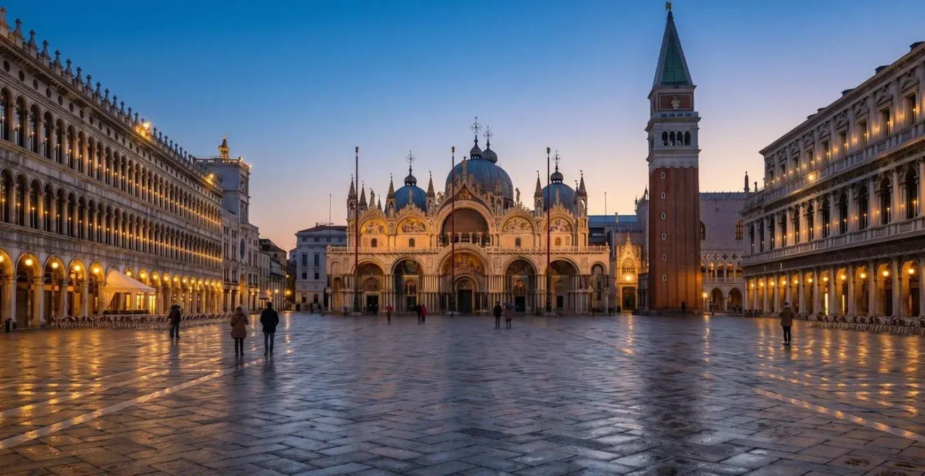 Piazza San Marco di Venezia al tramonto con pochi turisti e riflessi dorati sul selciato