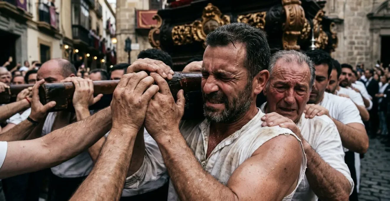 Portatori di una macchina votiva in legno dorato durante una processione religiosa