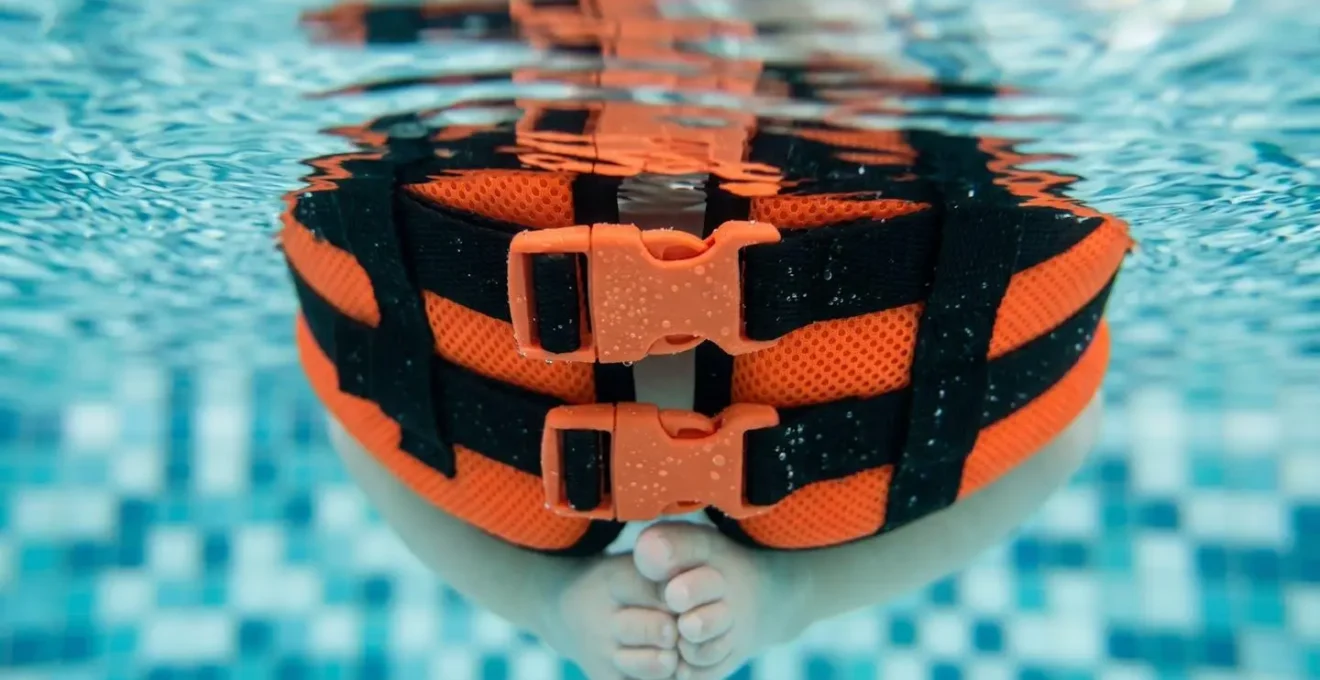 Dettaglio dei piedi di un bambino che pratica la posizione di sicurezza in piscina, galleggiando con il giubbotto salvagente.