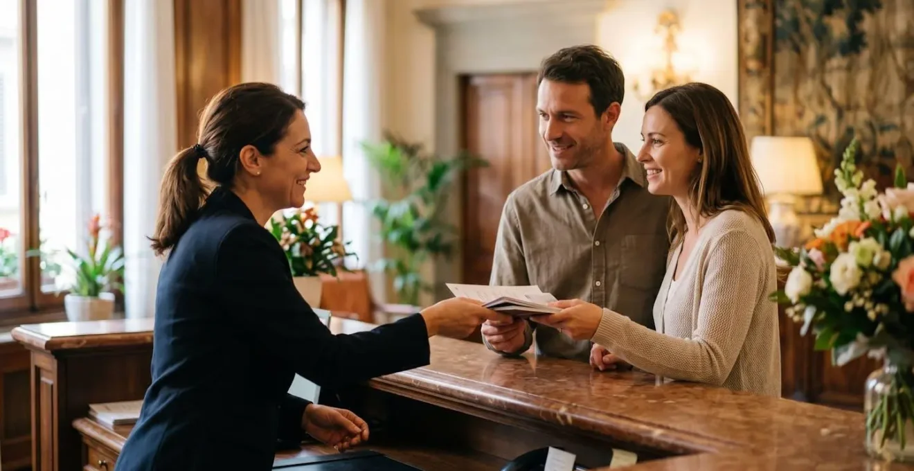 Reception di un hotel italiano con documenti per la registrazione della targa