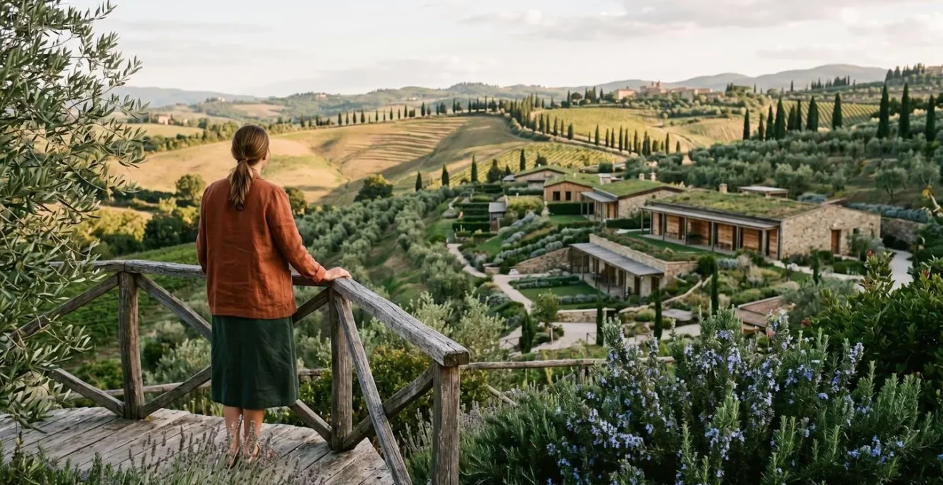 Vista aerea di un resort che segue le curve naturali del terreno collinare toscano