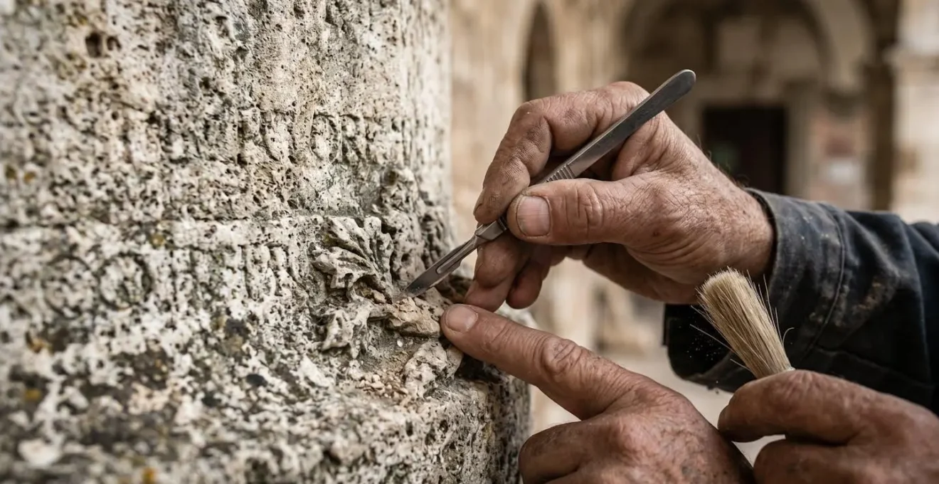 Dettaglio delle mani di un restauratore al lavoro su un monumento storico italiano