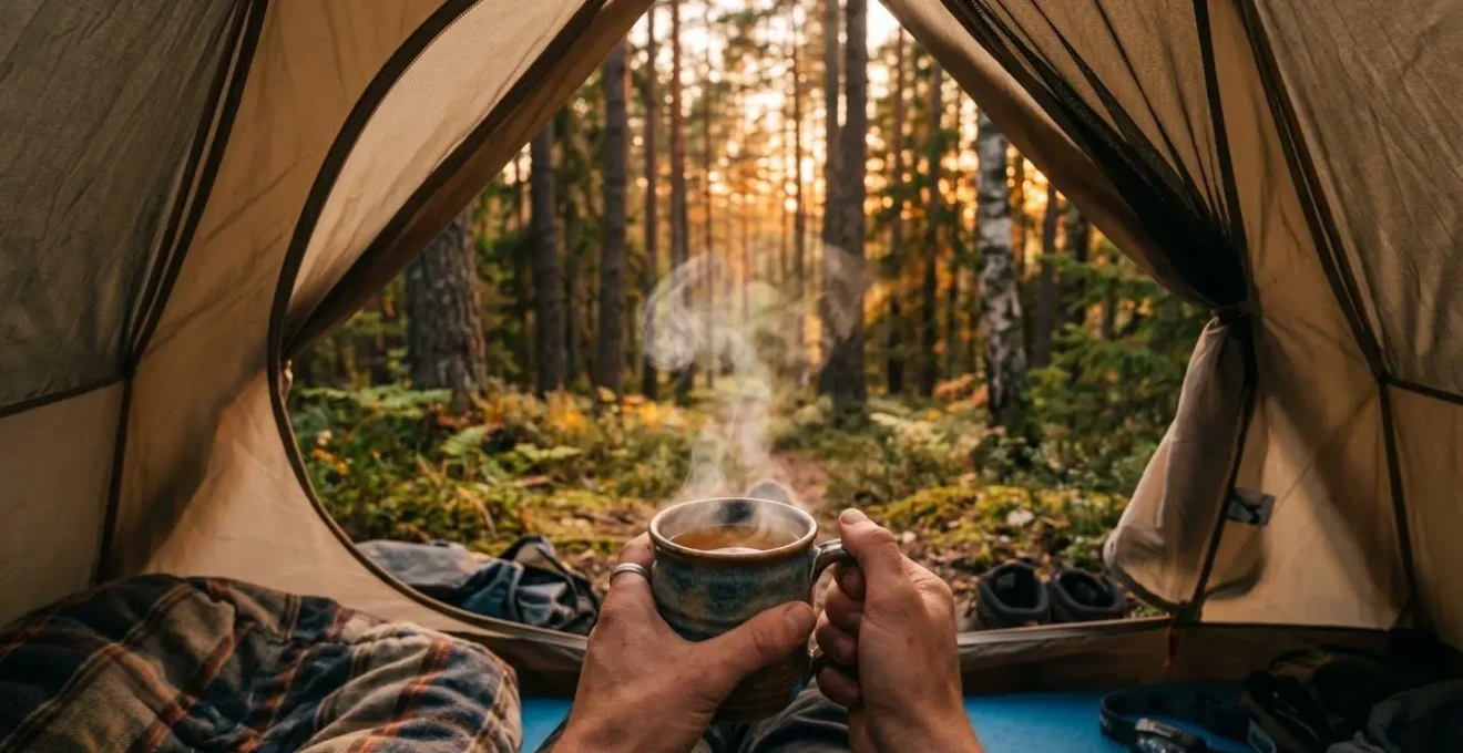 Vista dall'interno di una tenda verso il bosco al tramonto con tazza di tisana fumante