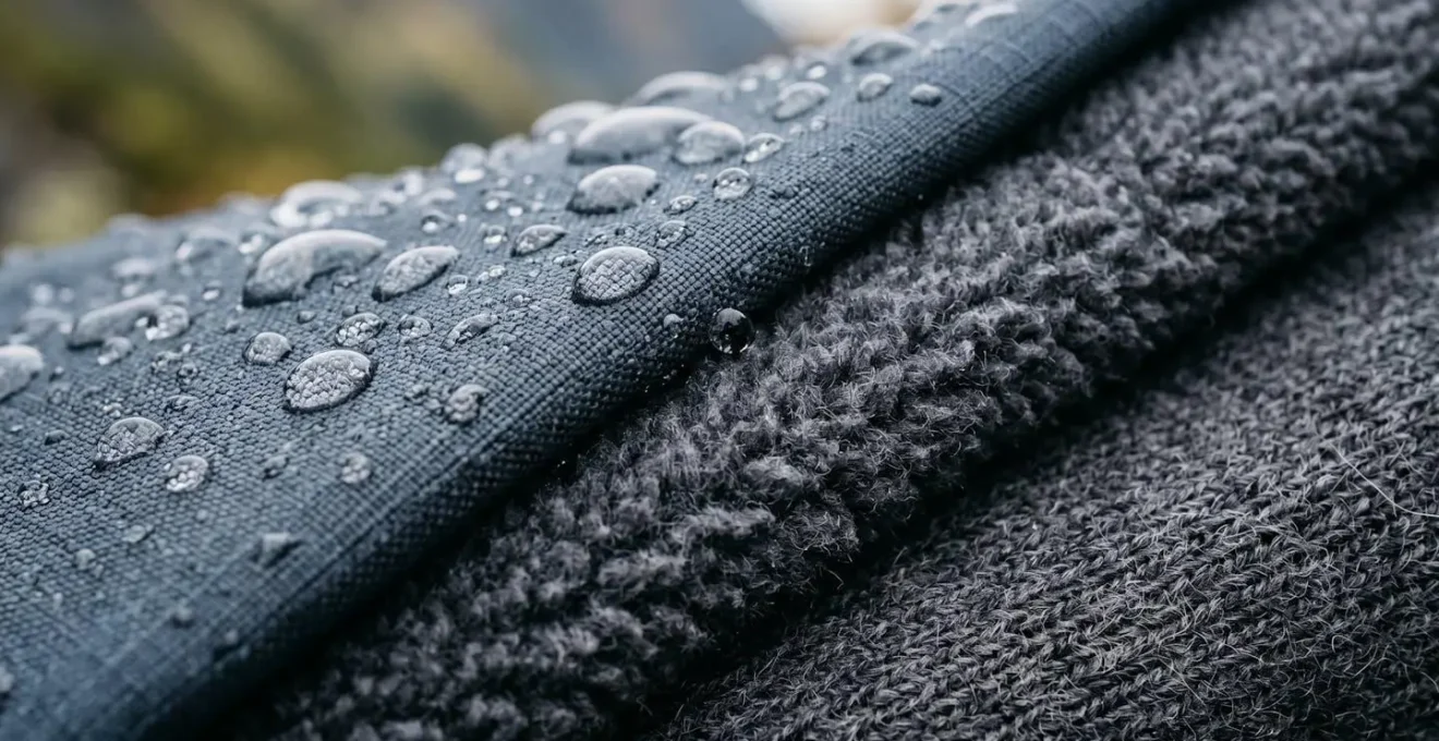 Dettaglio ravvicinato di tessuti tecnici stratificati per l'abbigliamento da montagna