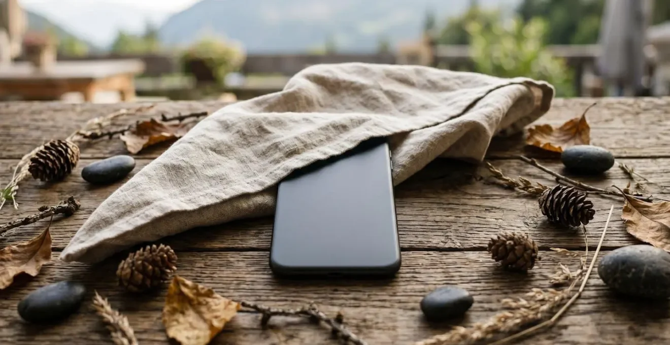 Smartphone capovolto su tavolo in legno con vista su paesaggio naturale sfocato