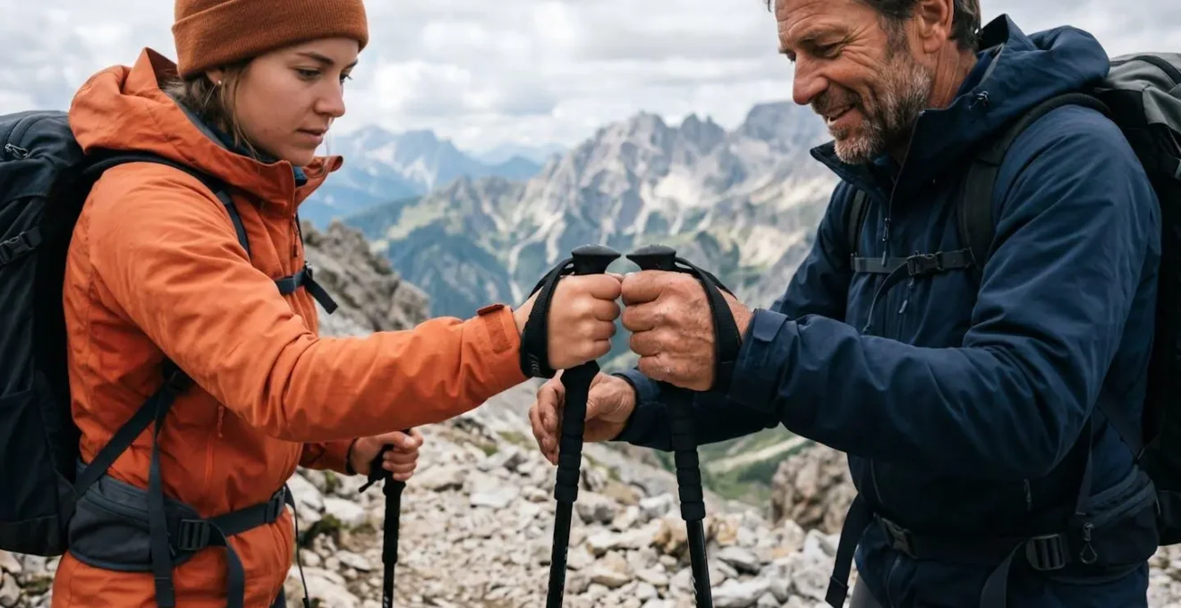 Guida alpina che mostra la corretta tecnica di uso dei bastoncini a un escursionista su terreno roccioso