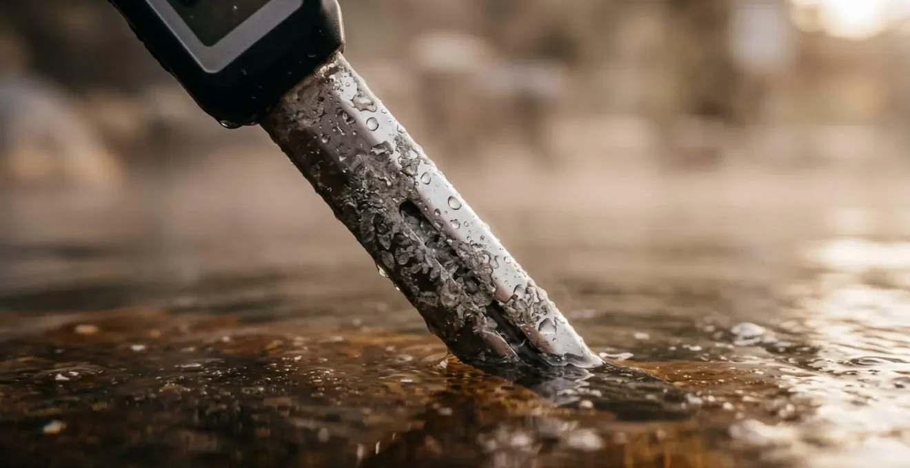 Dettaglio macro di un termometro digitale che misura la temperatura dell'acqua termale con vapore sullo sfondo