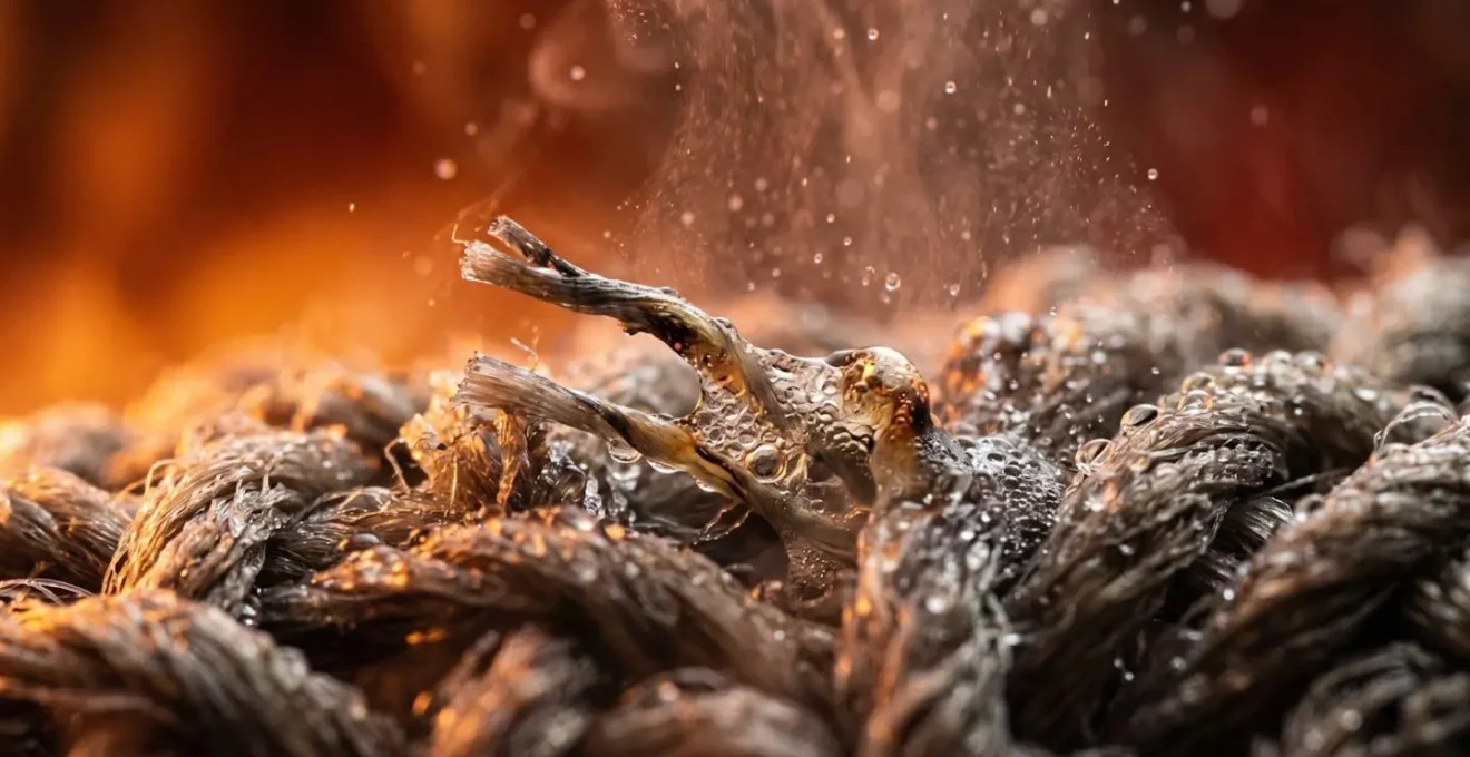 Dettaglio macro di fibre tessili sotto stress termico in ambiente sauna