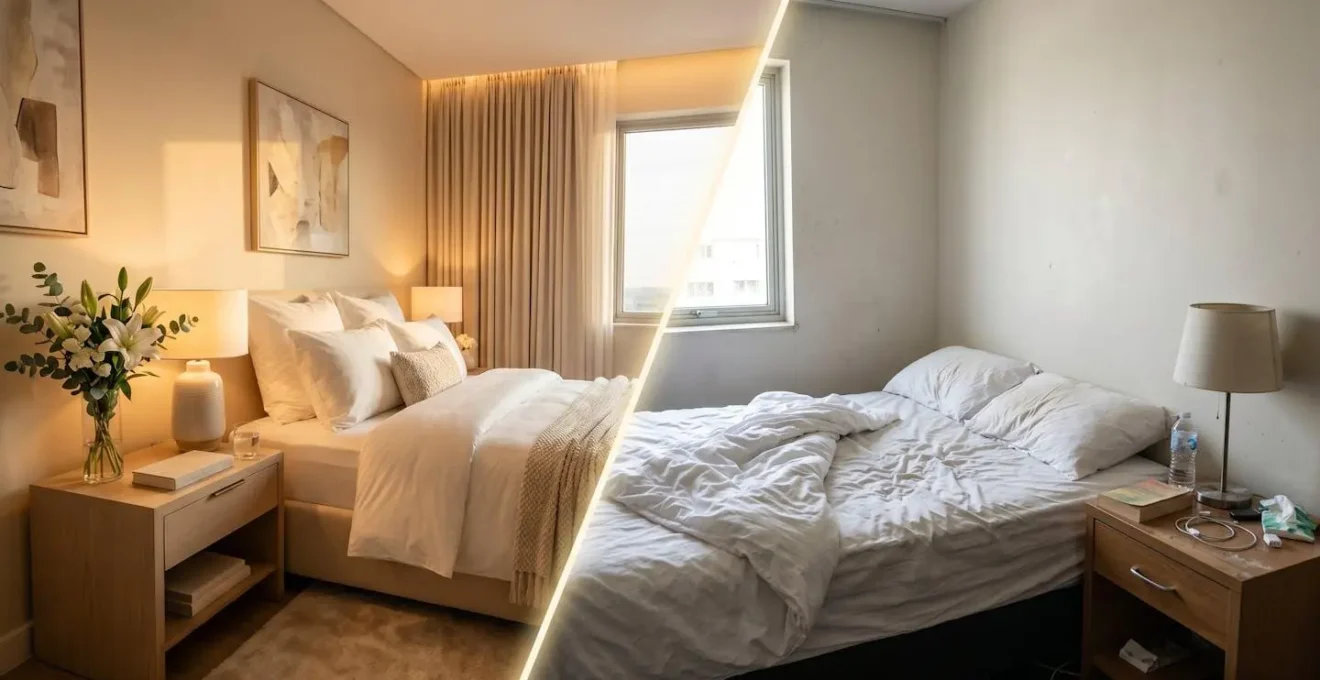 Confronto fotografico tra immagine promozionale e realtà di una camera hotel