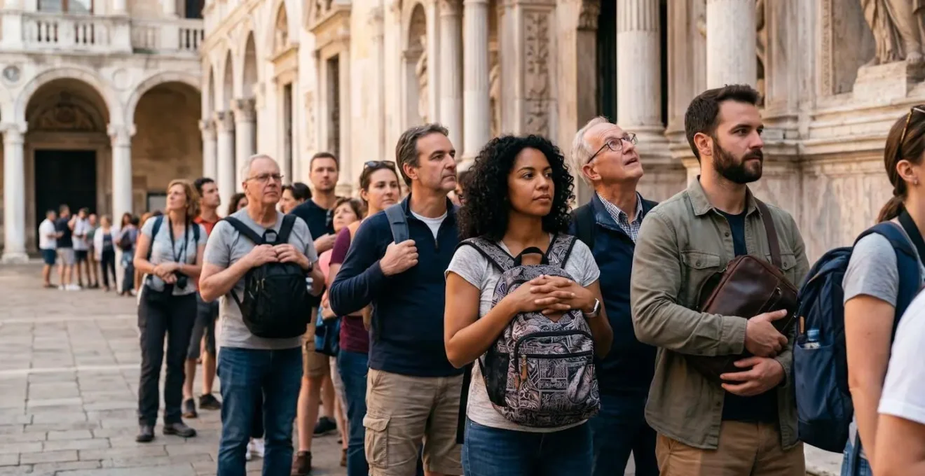 Turisti in coda davanti a un museo italiano con zaini portati davanti in posizione sicura