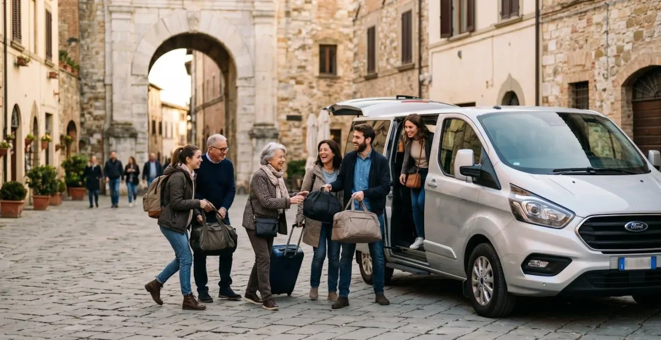 Gruppo di sei viaggiatori che scendono da un moderno van davanti a un borgo medievale italiano