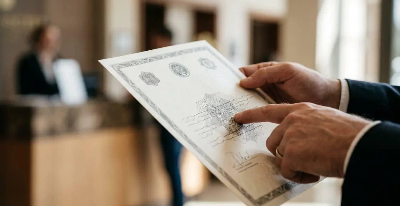 Mano che indica un codice di registrazione ufficiale in un documento hotel