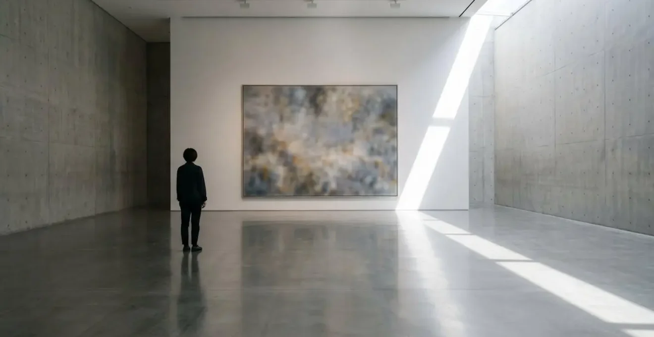 Visitatore di spalle che osserva un grande dipinto in una sala museale vuota