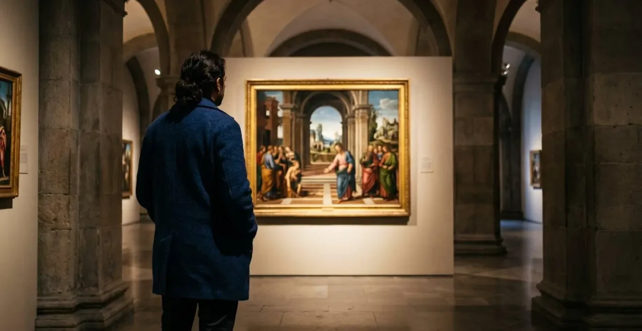 Visitatore osserva un dipinto rinascimentale seguendo le linee prospettiche