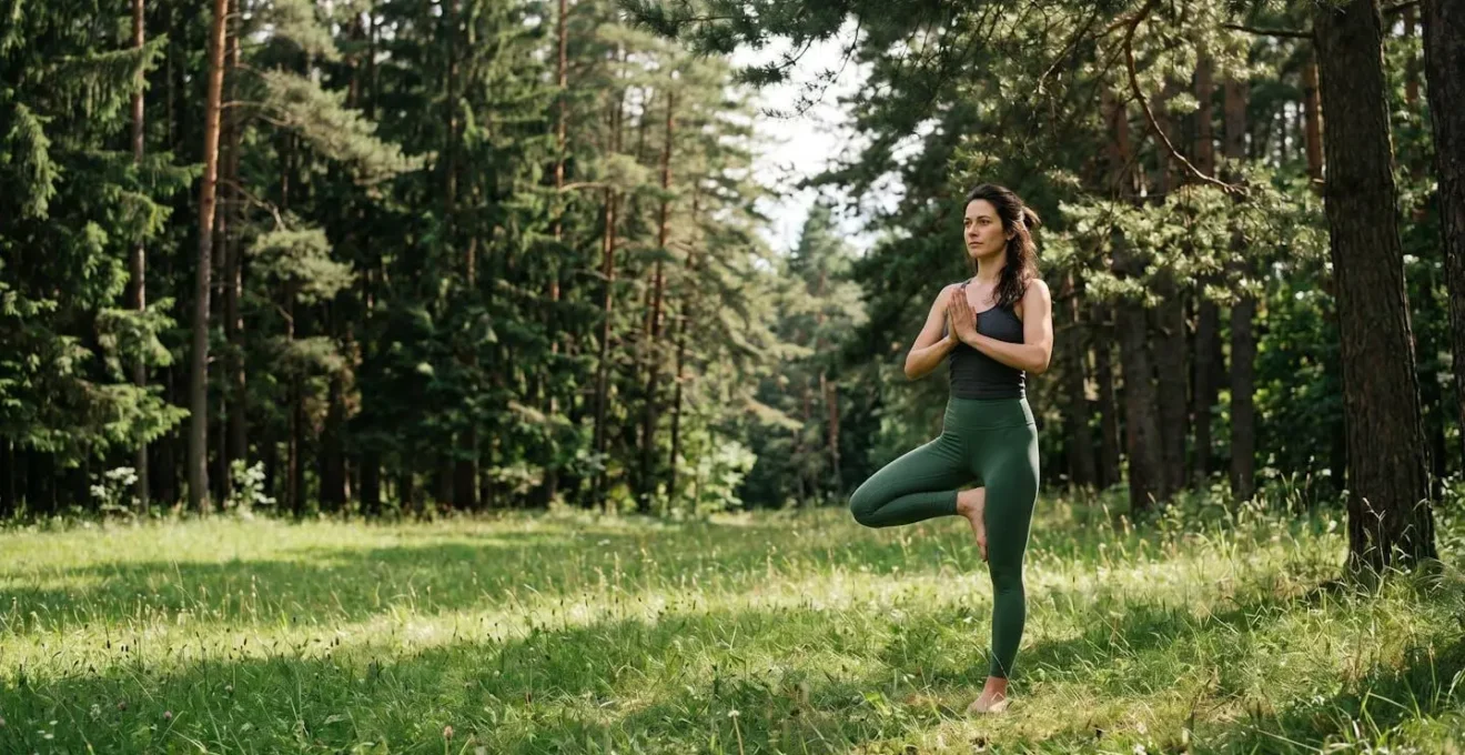 Vista ampia di persona in posizione yoga dell'albero su prato verde circondato da pini