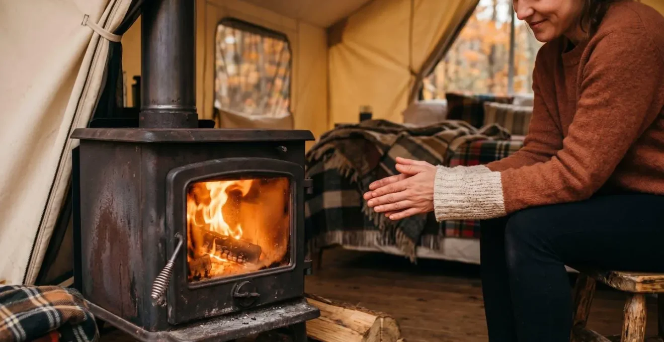 Vista accogliente dell'interno di una tenda glamping con stufa a legna accesa in una serata autunnale
