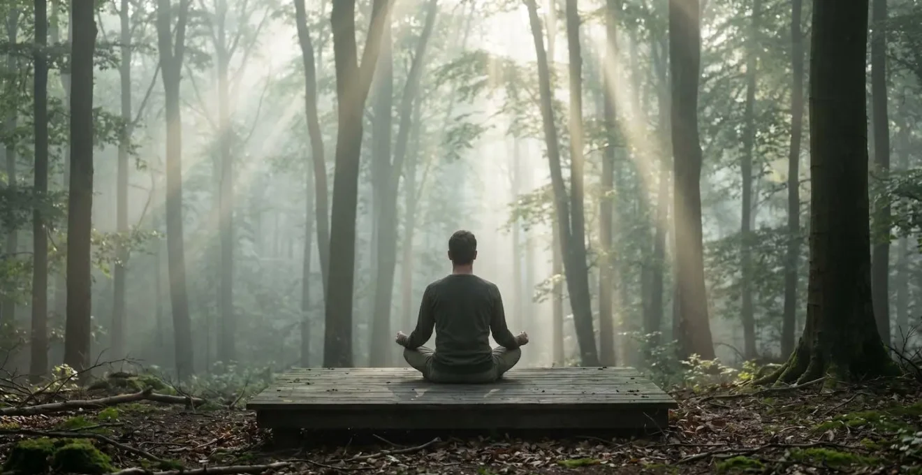 Persona in meditazione solitaria su una piattaforma di legno circondata da alberi nella nebbia mattutina