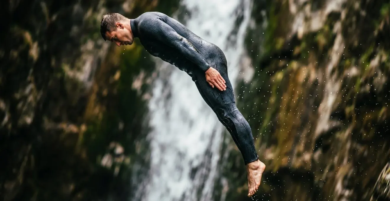Sequenza fotografica che mostra la postura corretta a matita durante un salto nel canyon