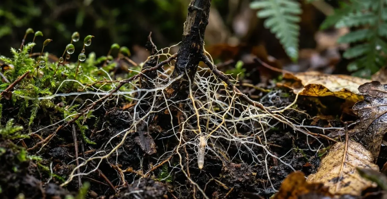 Dettaglio macro delle radici e funghi simbiotici nel sottobosco di un bosco di faggi